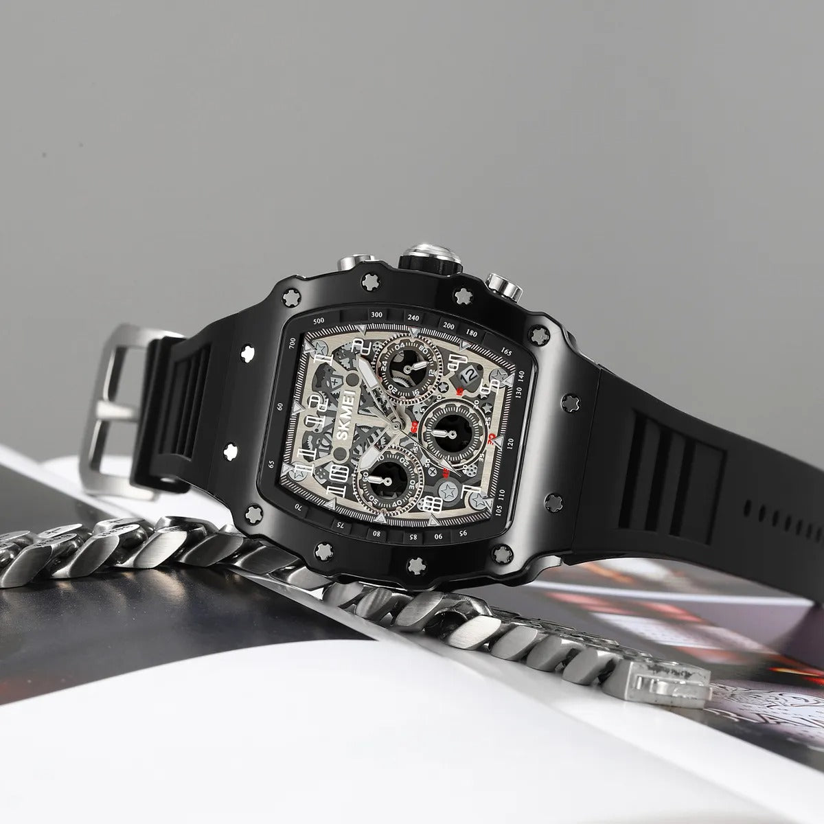 SKMEI 2305 Tonneau Skeleton Dial Chronograph Watch - Black/Black image 3