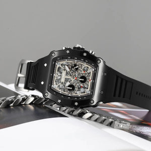 SKMEI 2305 Tonneau Skeleton Dial Chronograph Watch - Black/Black image 3