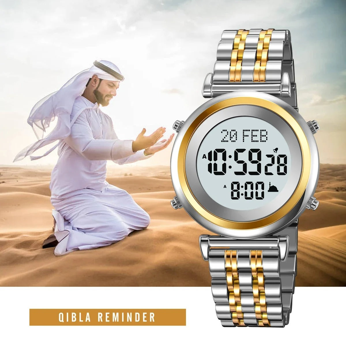 SKMEI - 2139 - Qibla Azan Time Reminder Prayer Watch - silver/gold-white image 3
