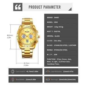 SKMEI 2503 Digital Tachymetre Countdown Timer Watch - black/gold/white/steel image 4