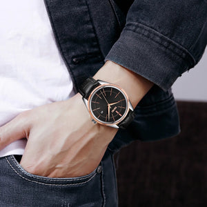 Skmei - 9298 - Leather Strap Casual Analog Quartz Watch - silver/rose gold-black image 2