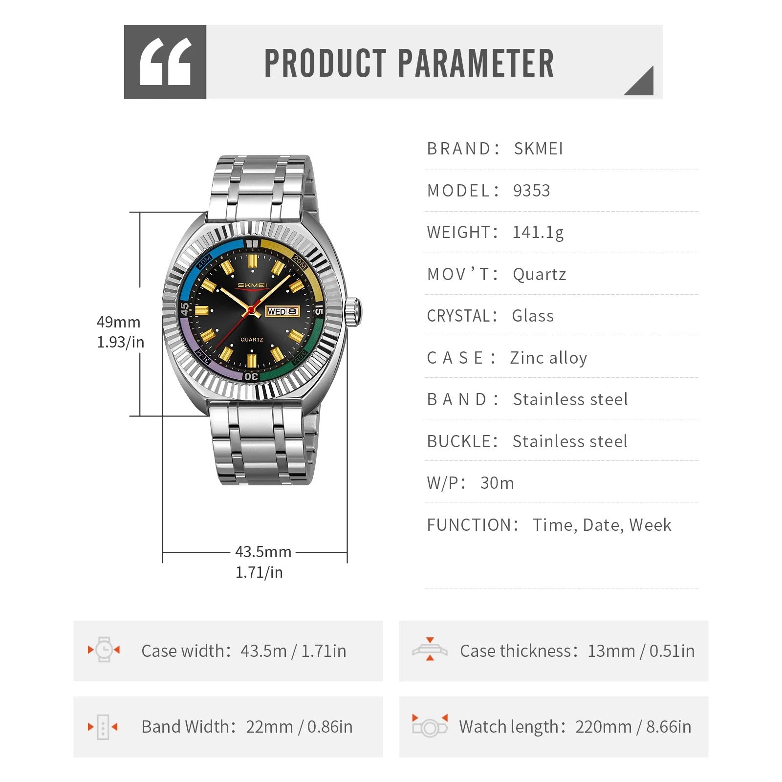 SKMEI - 9353 - Classic Stainless Steel Quartz Men Watch - Black image 4