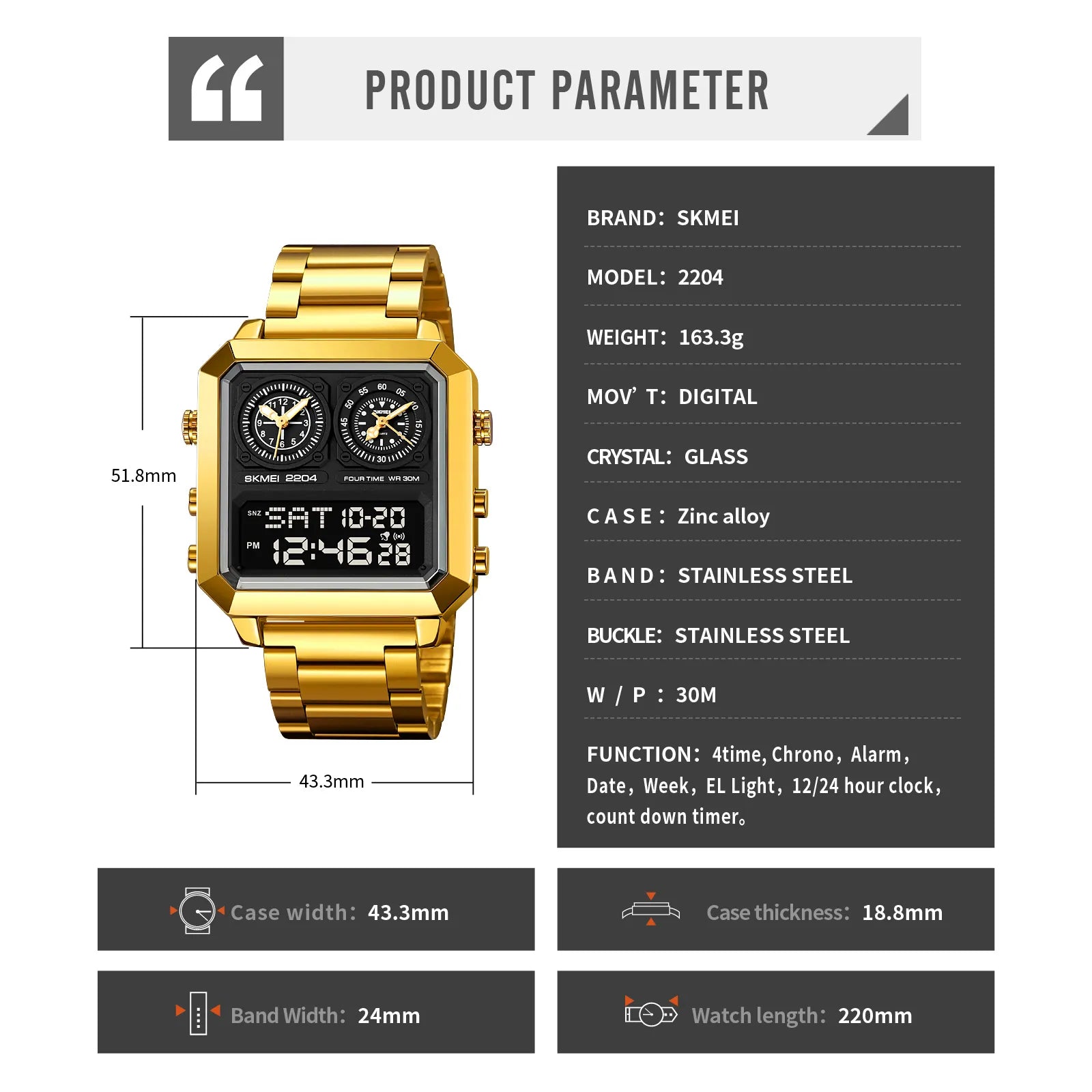 SKMEI - 2204 - Digital Luminous 4 Time Square - gold/black image 3