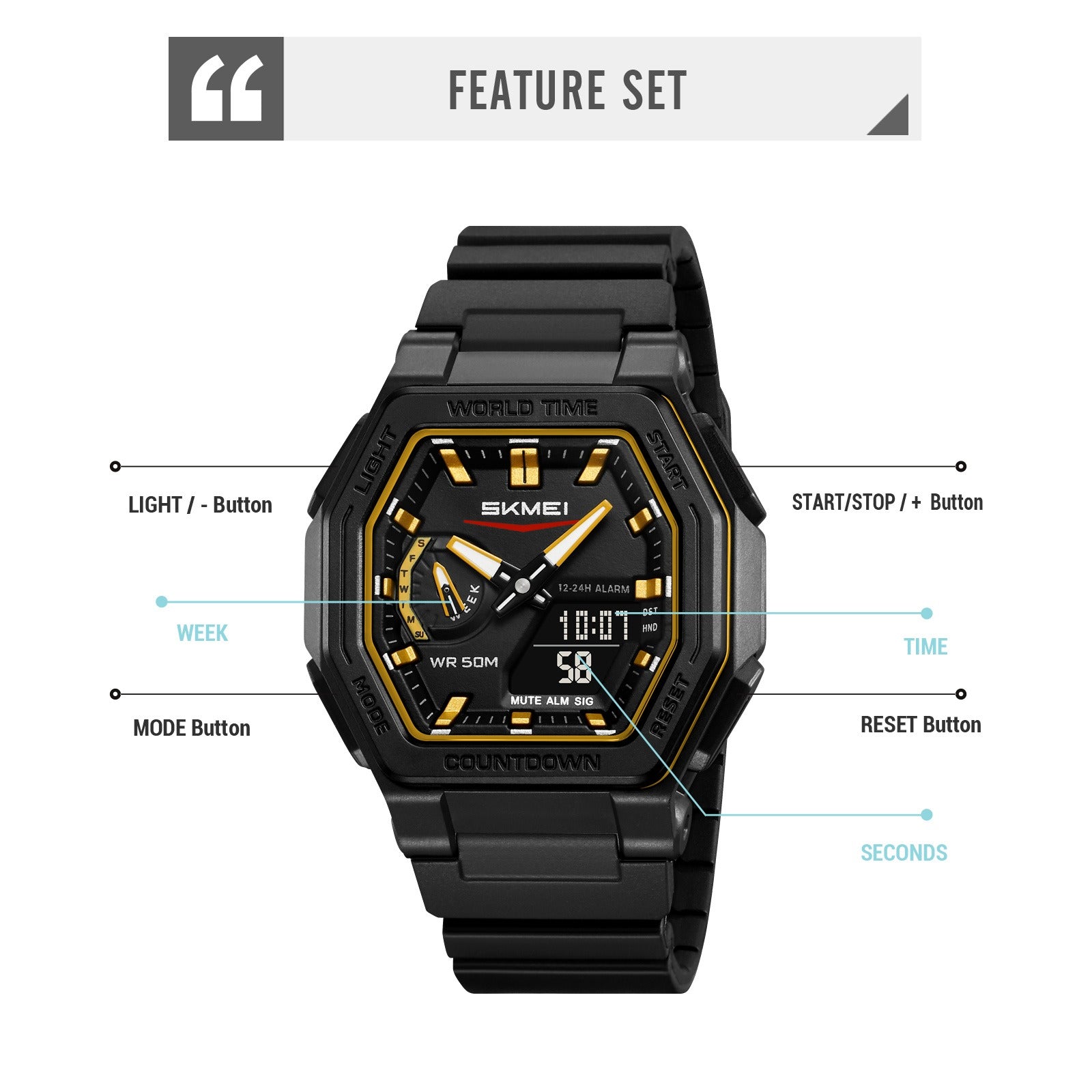SKMEI - 2438 - Dual Sports Watch Multiple Time Zone - Black/Gold image 6