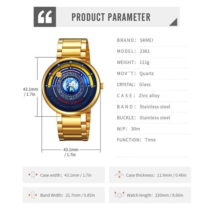 SKMEI - 2361 - Earth Orbit Quartz Watch - gold image 4