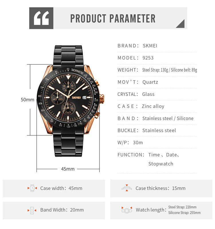 SKMEI - 9253 - Elite Chronograph Watch - Rosegold/Black-Steel image 5
