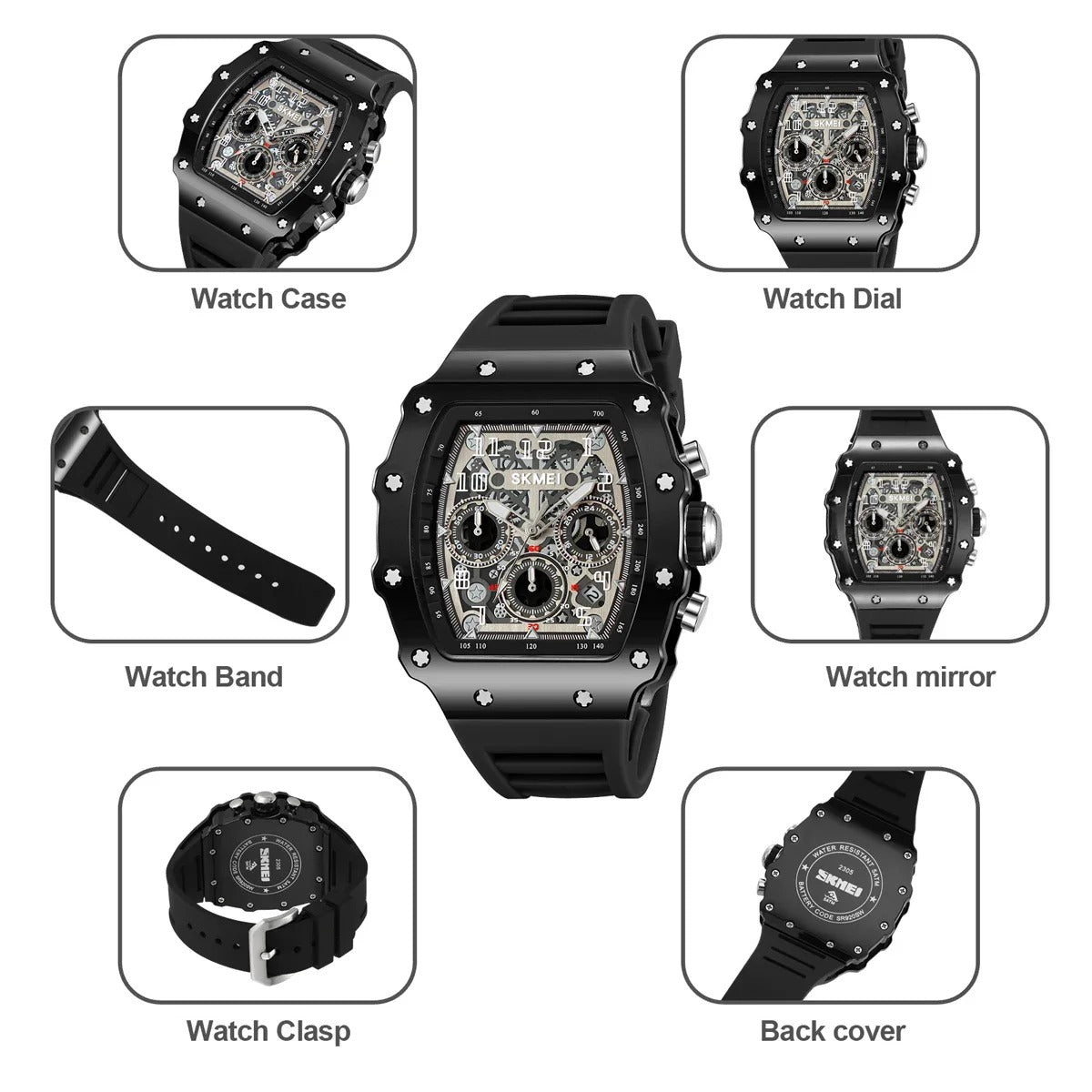 SKMEI 2305 Tonneau Skeleton Dial Chronograph Watch - Black/Black image 6