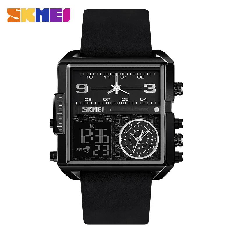 Skmei - 1584(strap) - Sports Quartz Waterproof Tiple time - Black/Black-Leather image 0