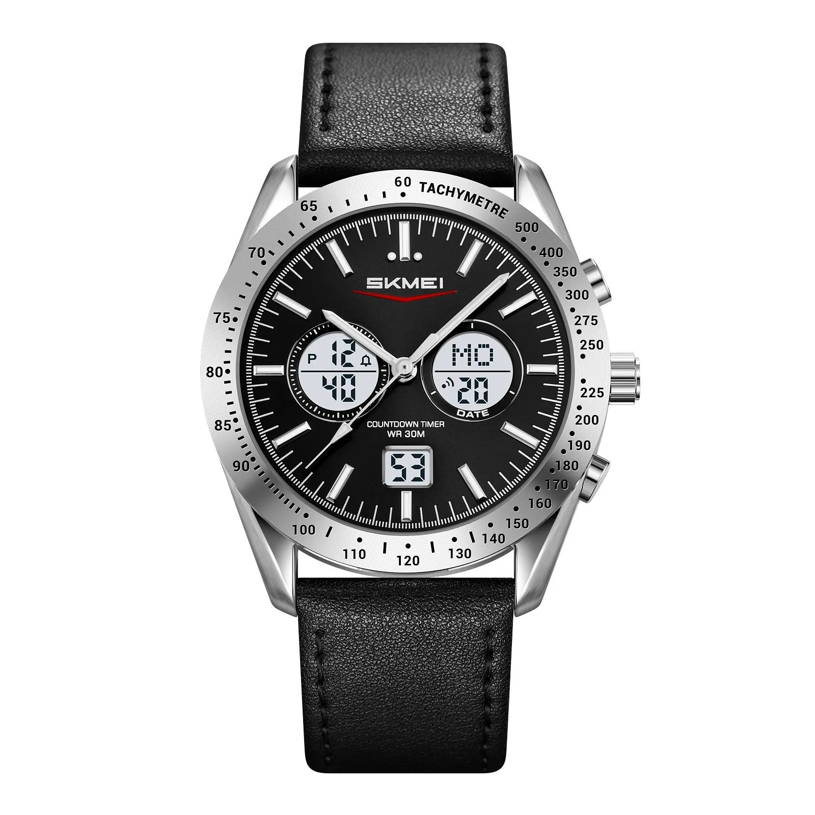 SKMEI 2503 Digital Tachymetre Countdown Timer Watch - silver/black/white/leather image 0