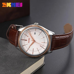 Skmei - 9298 - Leather Strap Casual Analog Quartz Watch - silver/rose gold-silver image 1