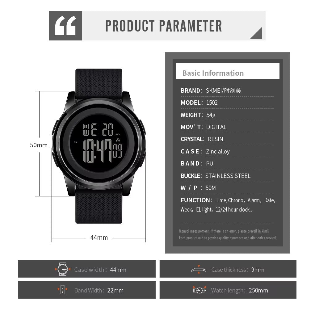 SKMEI - 1502 - Digital Thin Dial Waterproof Wrist Watch - black/black image 5