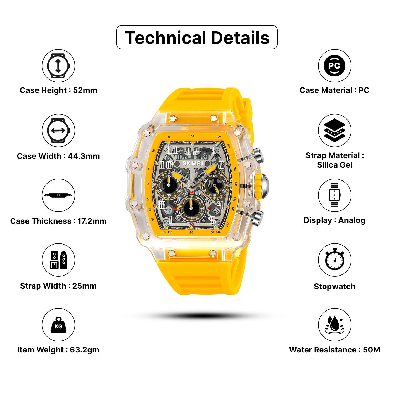 SKMEI 2305 Tonneau Skeleton Dial Chronograph Watch - White/Transparent-Yellow image 4
