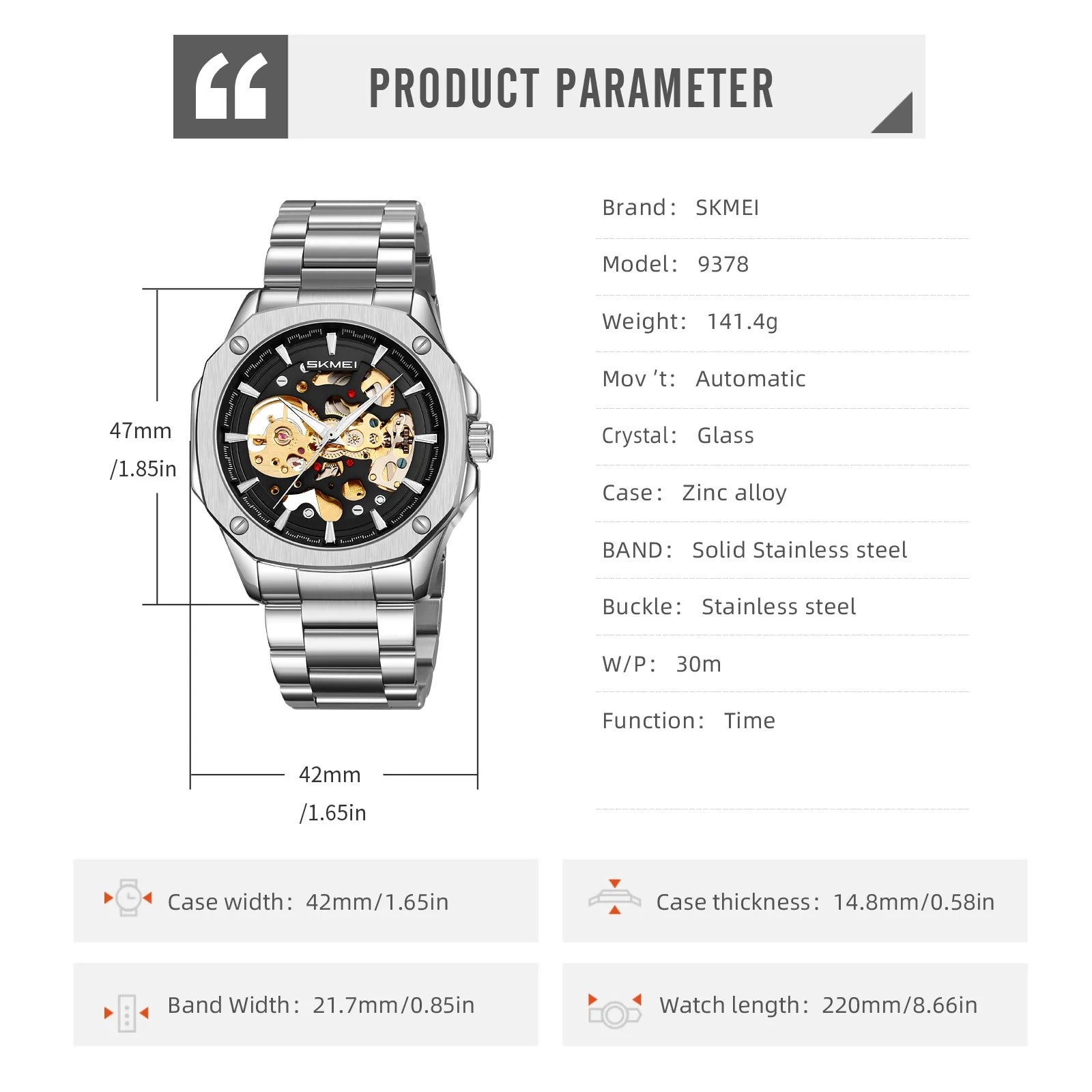 Skmei - 9378 - Automatic Skeleton Watch - silver/black image 4