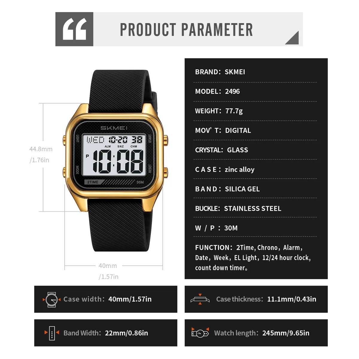 Skmei - 2496 - Digital LED Waterproof Watch - Gold/Black image 2
