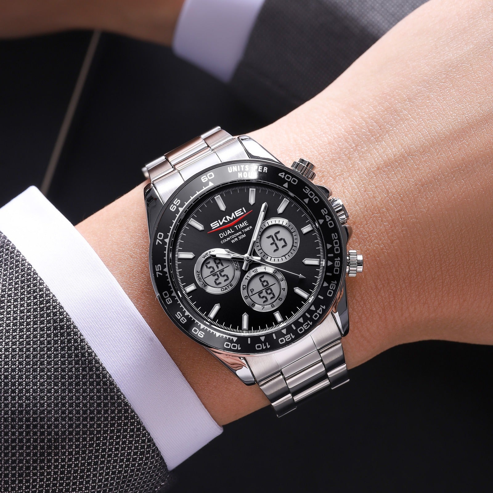 SKMEI - 2505 - Electronic Quartz Dual Display Watch - Silver/Black-Steel image 2