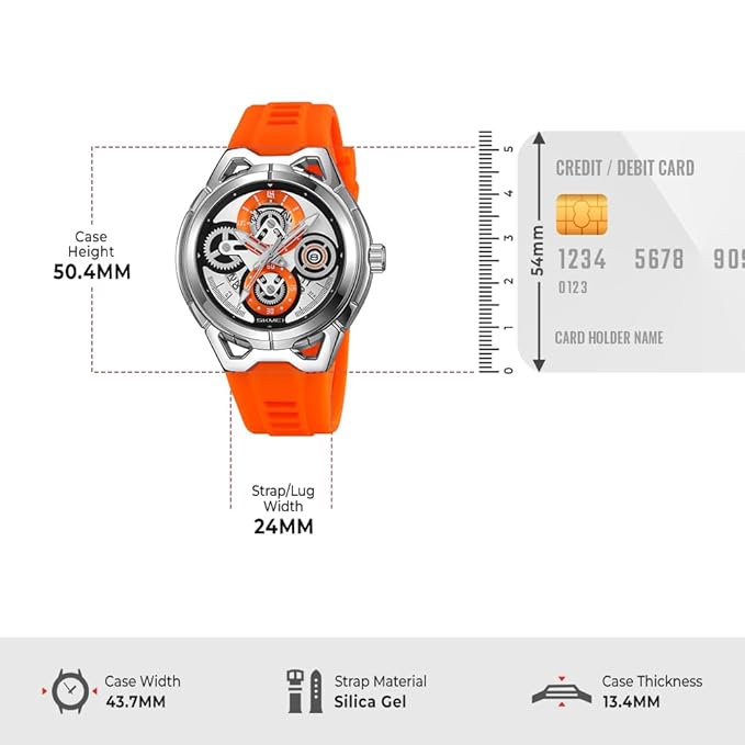 SKMEI - 9349 - Silicone Quartz Luxury Watch - Silver/Orange image 3