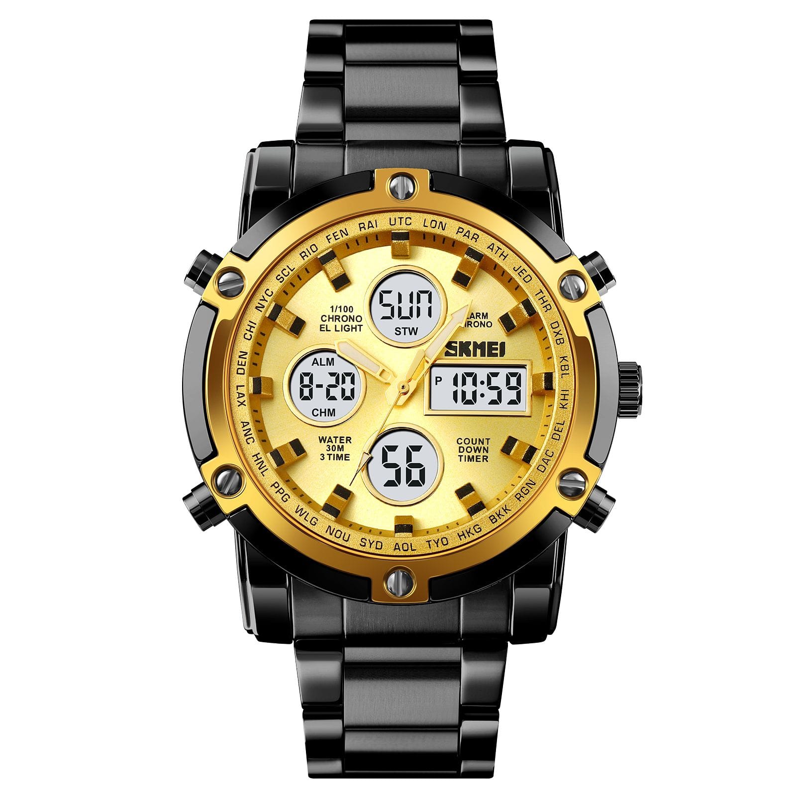 Skmei – 1389 – Dual Display Waterproof Business Watch - Black/Gold-Gold image 0