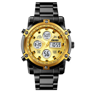 SKMEI 1389 Dual Time Analog Digital Stainless Steel Watch - Black/Gold-Gold