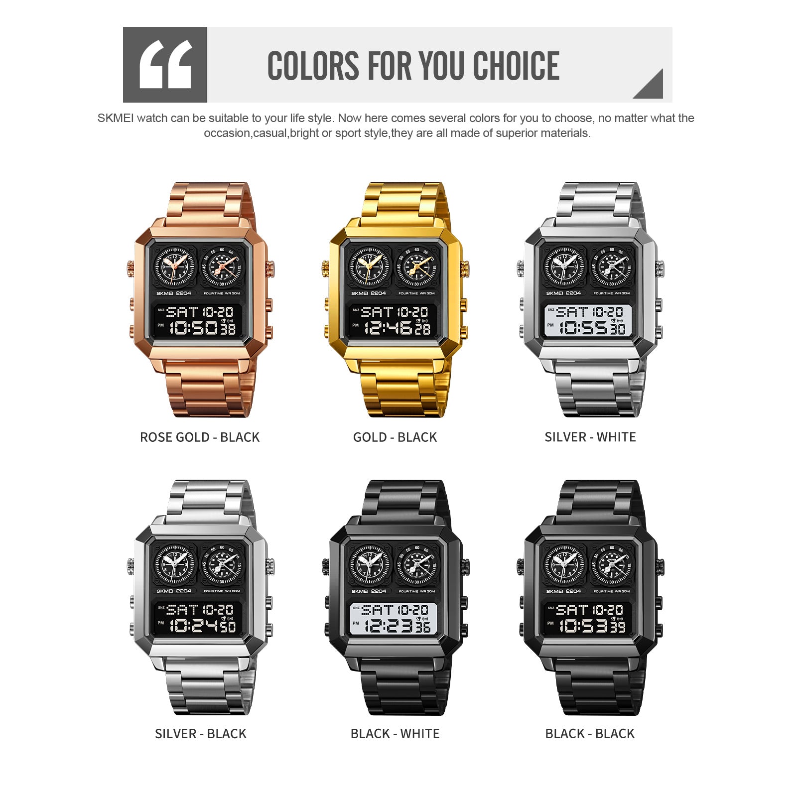 Skmei - 2204 - Digital Luminous 4 Time Square - RoseGold/Black image 3