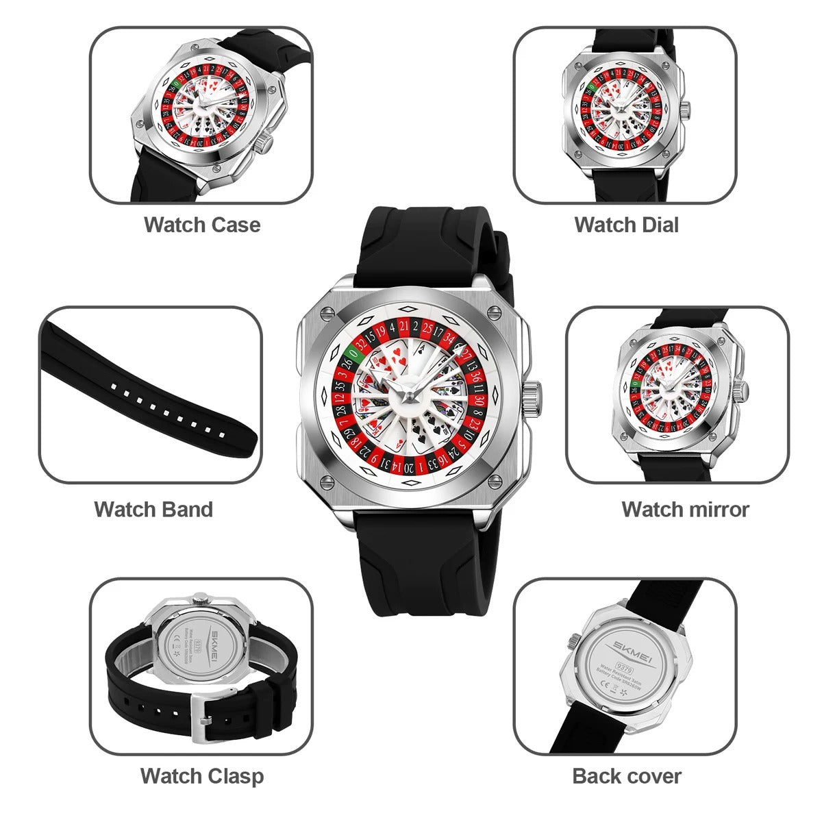 SKMEI - 9379 - Rotating Poker Dial Silicone Wrist Watch - silver/black image 4