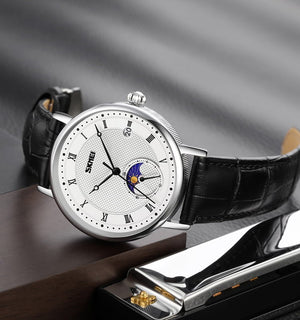 SKMEI 9308 Moon Phase Roman Leather Watch - silver/black image 1