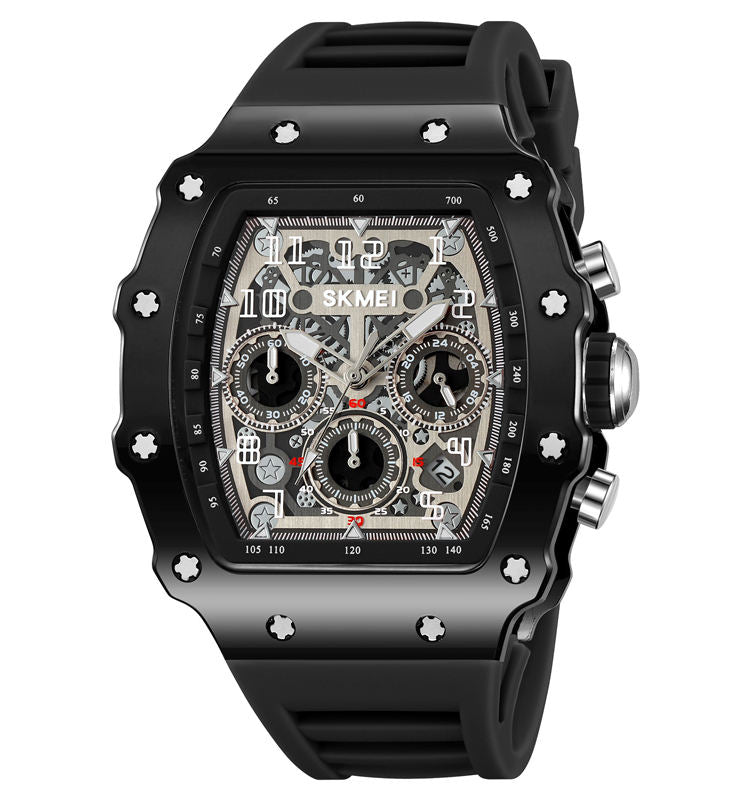 SKMEI 2305 Tonneau Skeleton Dial Chronograph Watch - Black/Black image 1