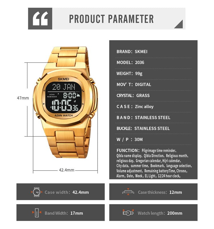 SKMEI - 2036 - Qibla Azan Time Reminder Prayer Watch - gold/black image 4