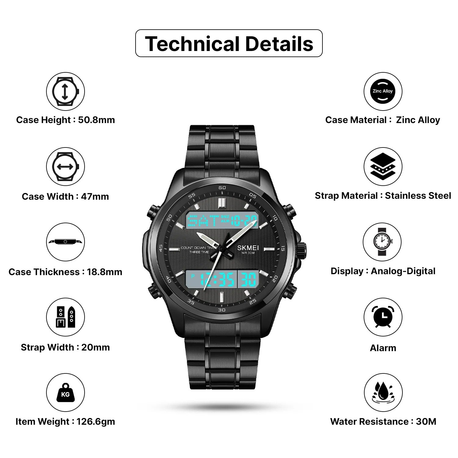 Skmei - 2049 - Multifunctional Waterproof Watch - Black/White image 4