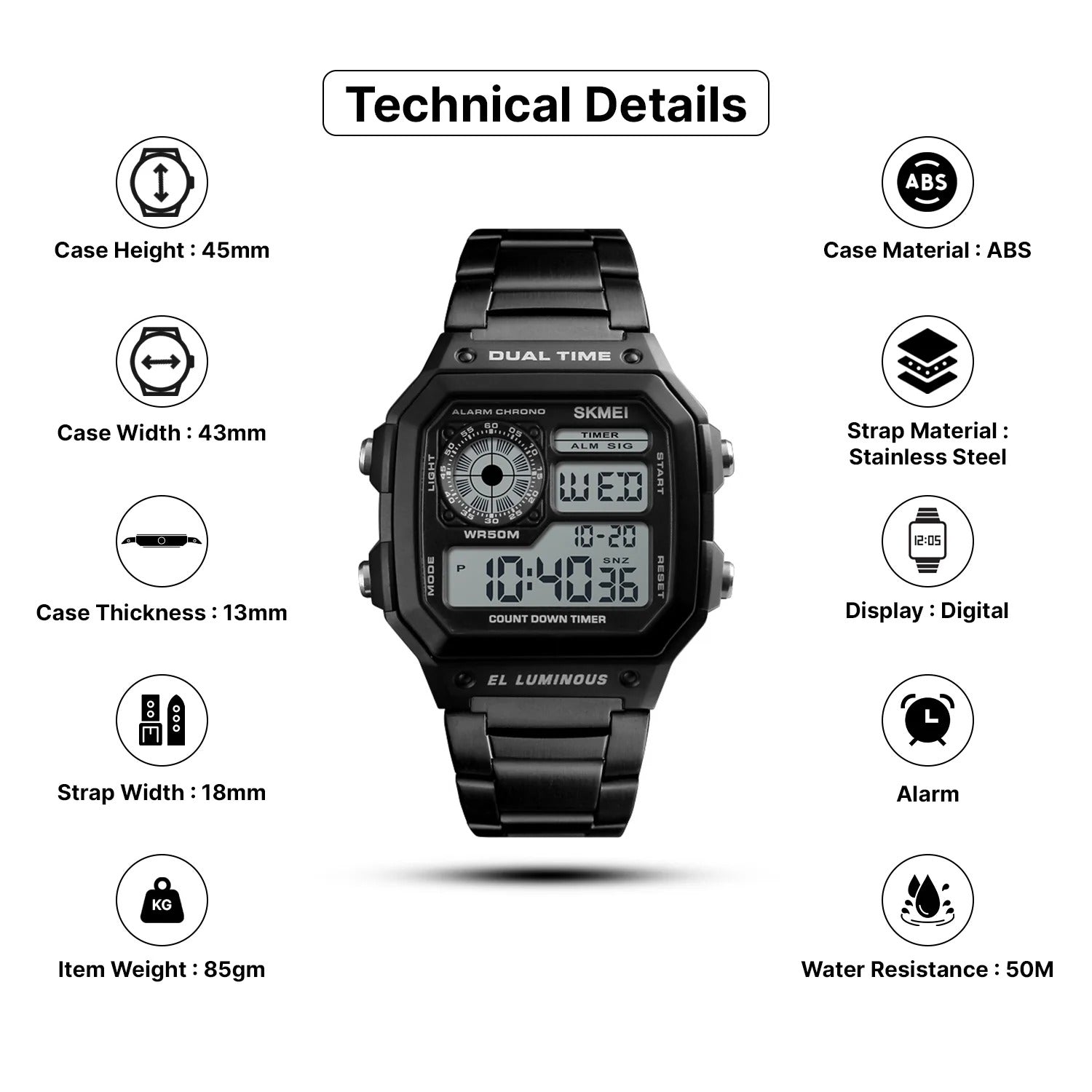 Skmei - 1335 - Digital Sports Countdown Waterproof Watch - Black image 7