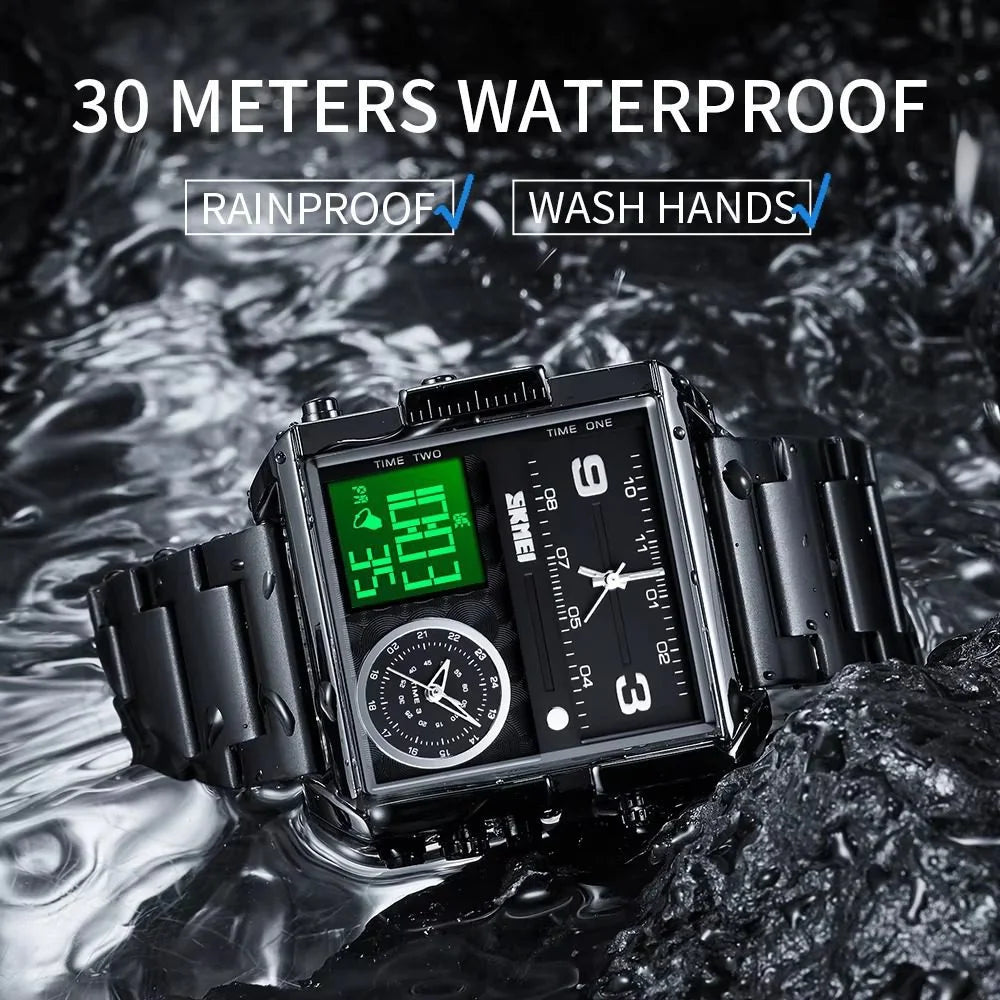 Skmei - 1584(chain) - Sports Quartz Waterproof Tiple time - Black-Steel image 2