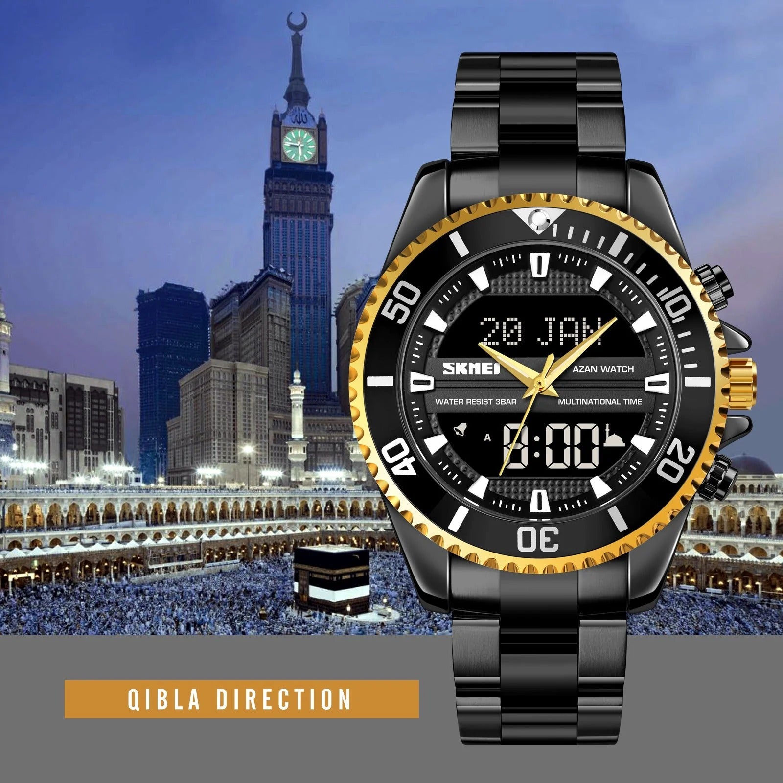 SKMEI - 1896 - Qibla Azan Time Reminder Prayer Watch - black/gold image 3