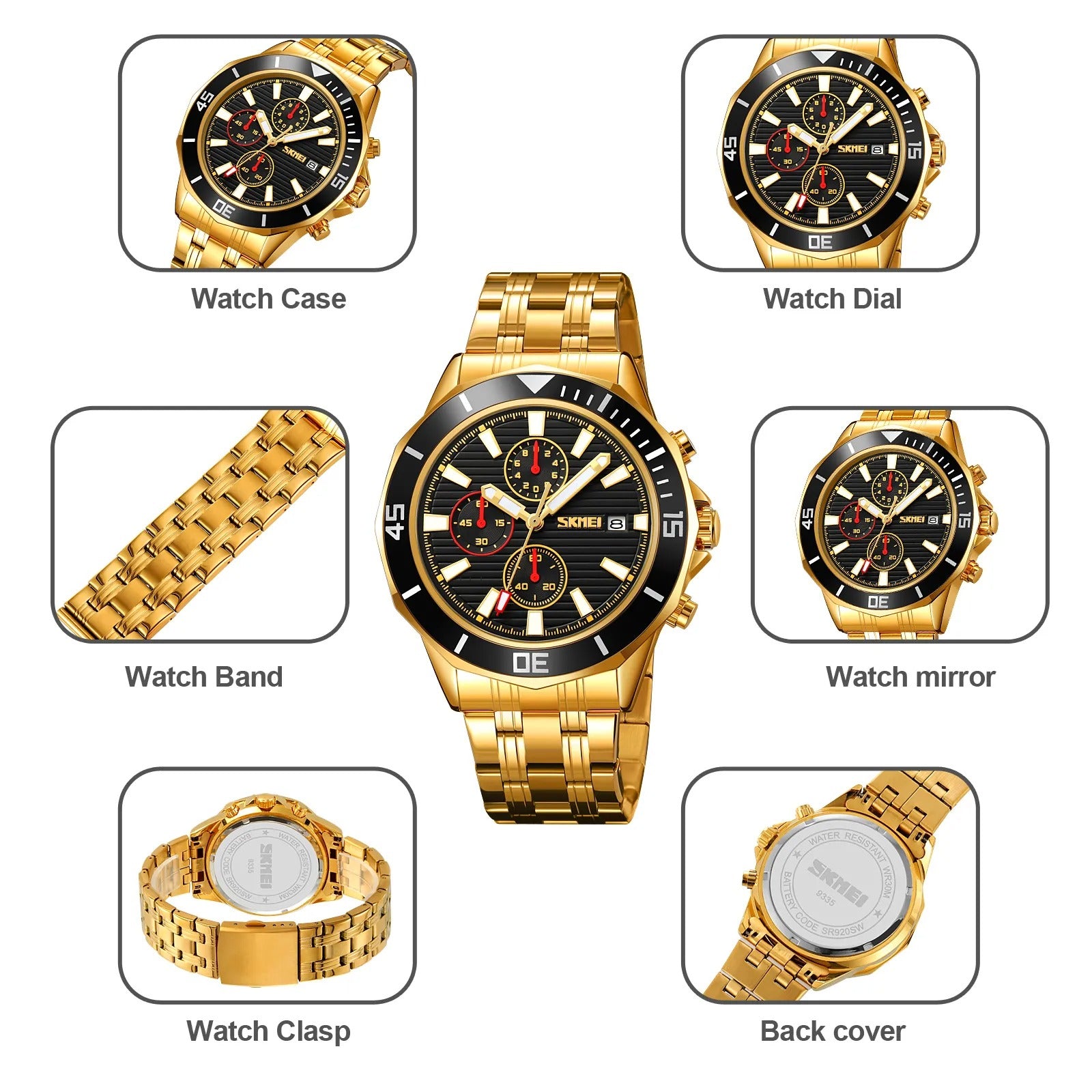 SKMEI - 9335 - Luxury Quartz Chronograph Stainless Steel Watch - gold/black image 5