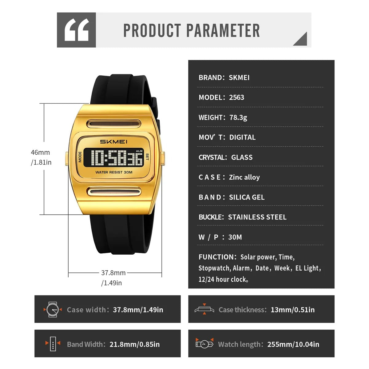 SKMEI 2563 Solar Powered Digital Watch - gold image 8