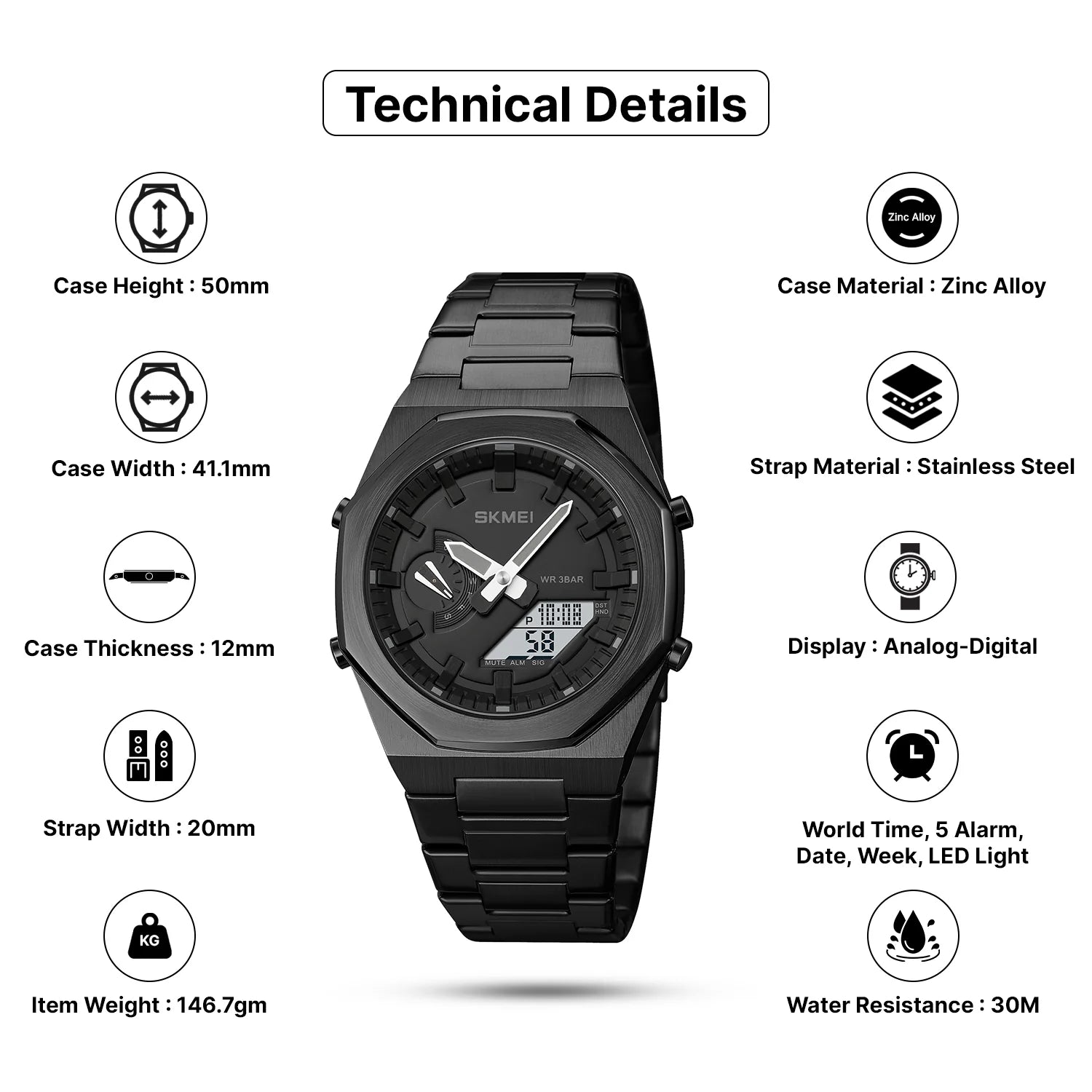 Skmei - 1816 - Dual Display luminous waterproofs 50+ timezone - Black/Black-White image 2