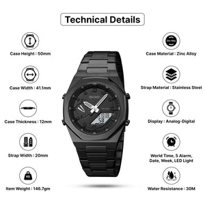 Skmei - 1816 - Dual Display luminous waterproofs 50+ timezone - Black/Black-White image 2