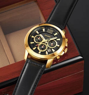 SKMEI - 1989 - Chronograph High Quality Leather Watch - Gold/Black image 0