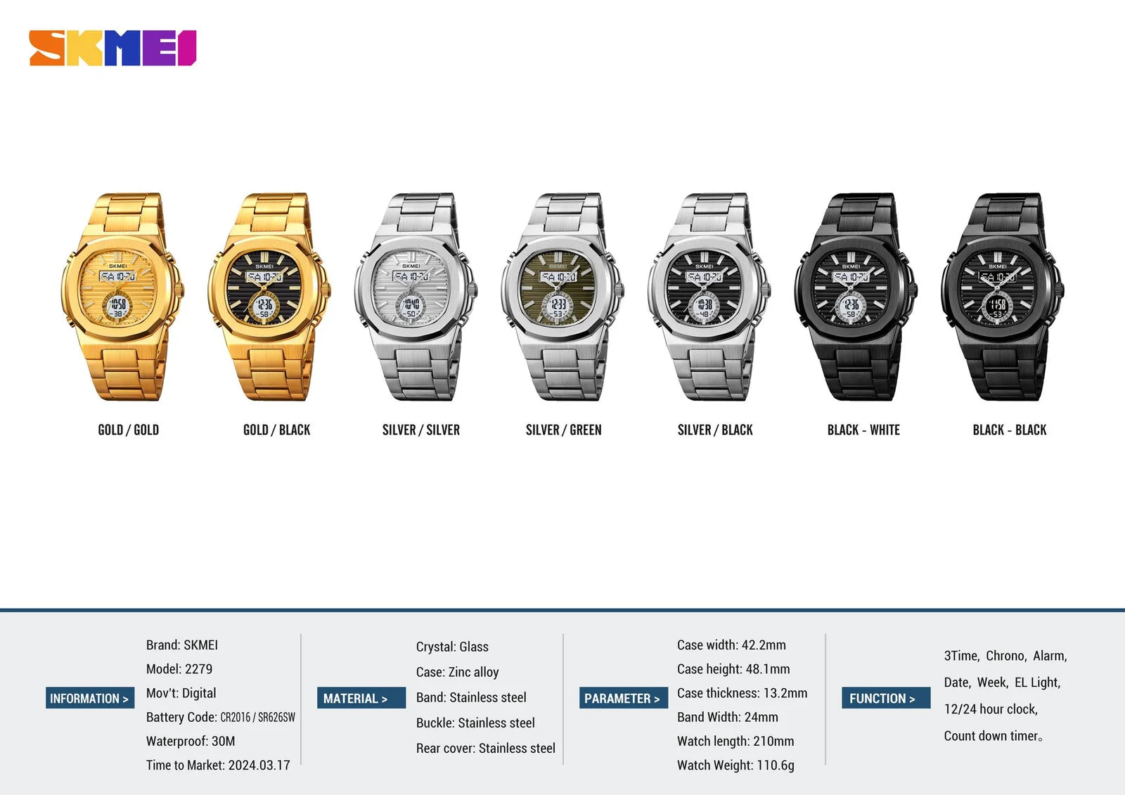 Skmei - 2279 - Dual Time Stainless Steel Watch - Silver/Silver image 3