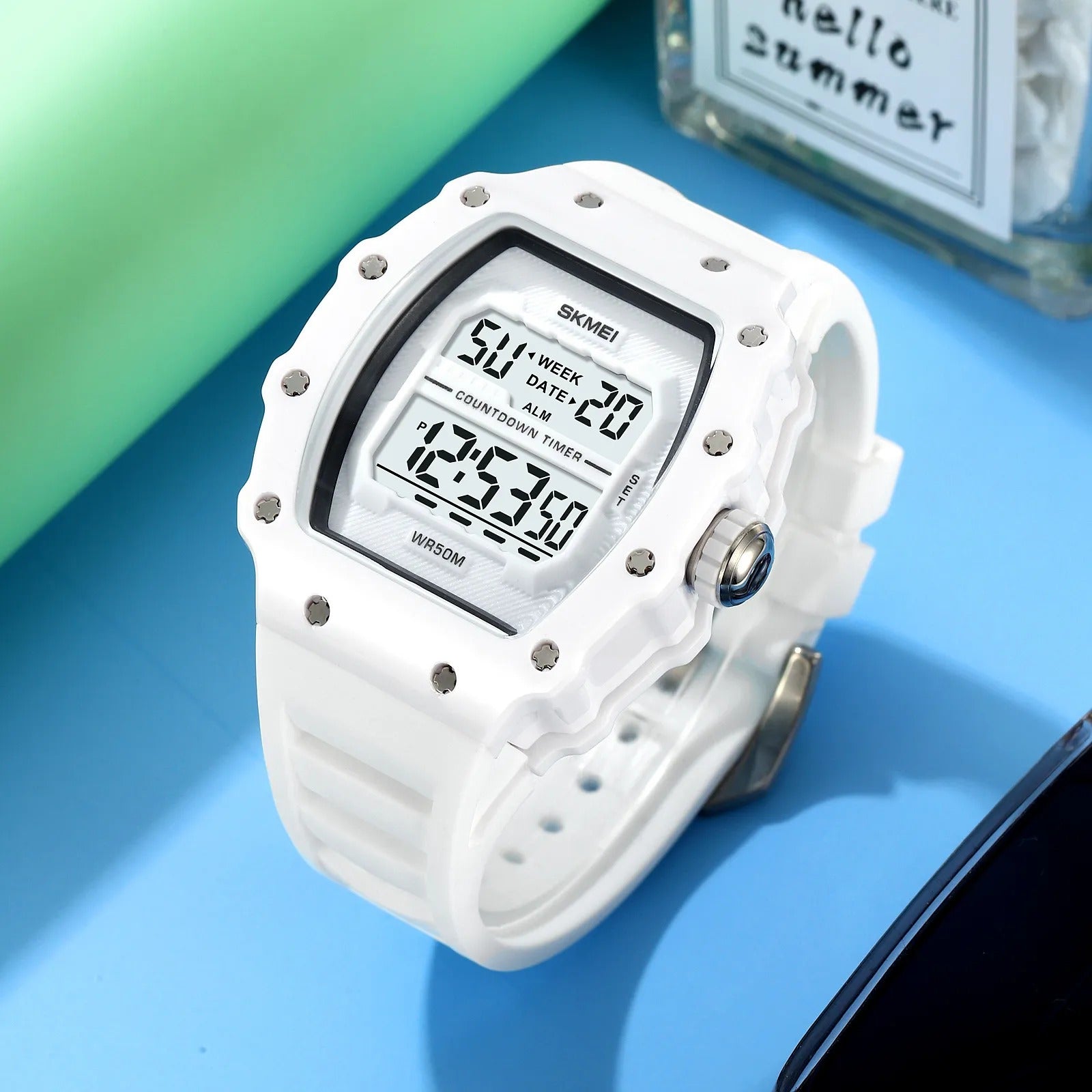 SKMEI 2296 Digital Sports Countdown Timer Watch - White/Transparent-White image 3