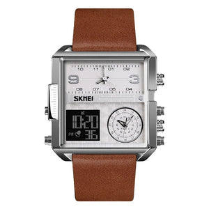 Skmei - 1584 - Sports Quartz Waterproof Tiple time - Silver/Brown-Leather image 4