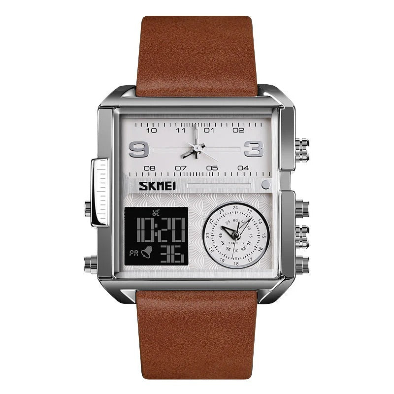 Skmei - 1584 - Sports Quartz Waterproof Tiple time - Silver/Brown-Leather image 4