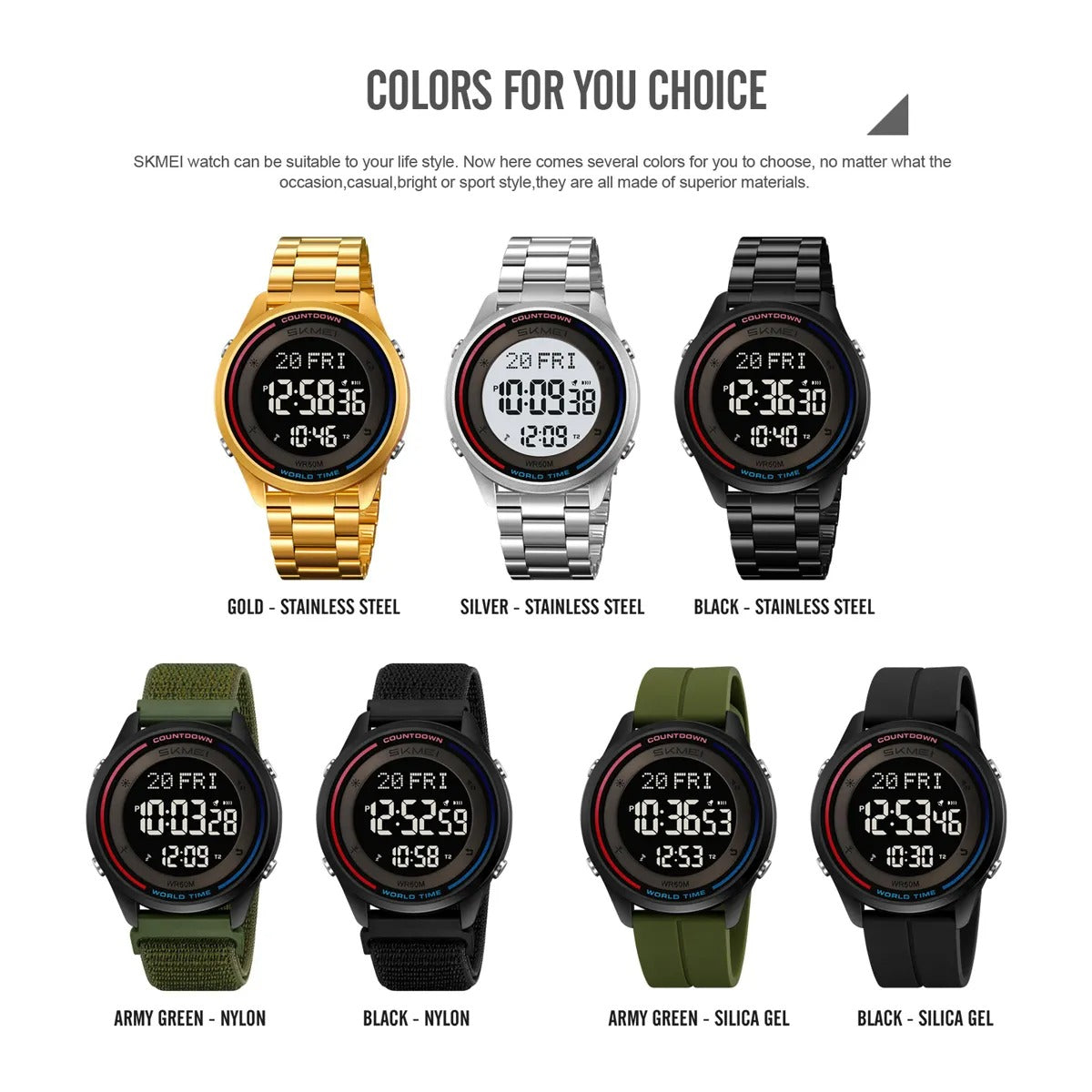 SKMEI 2412 Digital Countdown World Time Sports Watch - armygreen/silicon image 6