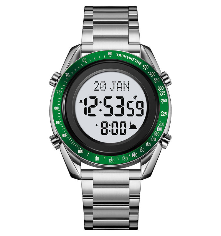 SKMEI - 2143 - Qibla Azan Time Reminder Prayer Watch - silver/green image 1