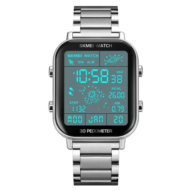 Skmei - 1888 - Digital Dial Step Count Pedometer Stainless Steel Watch - Silver image 3