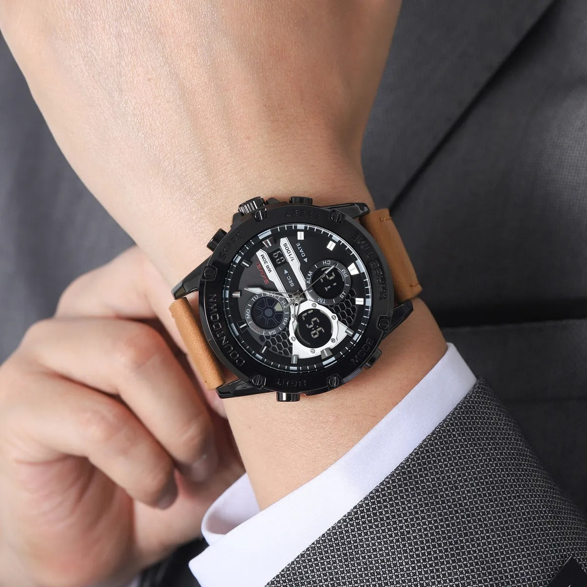 Skmei – 2502 – Heavy Duty Sports Watch – Black/Brown-Leather image 2
