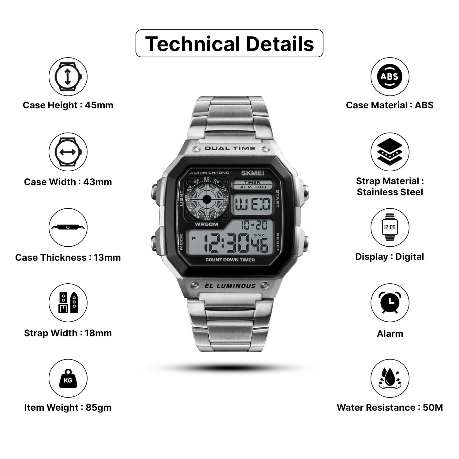 Skmei - 1335 - Digital Sports Countdown Waterproof Watch - Silver image 1