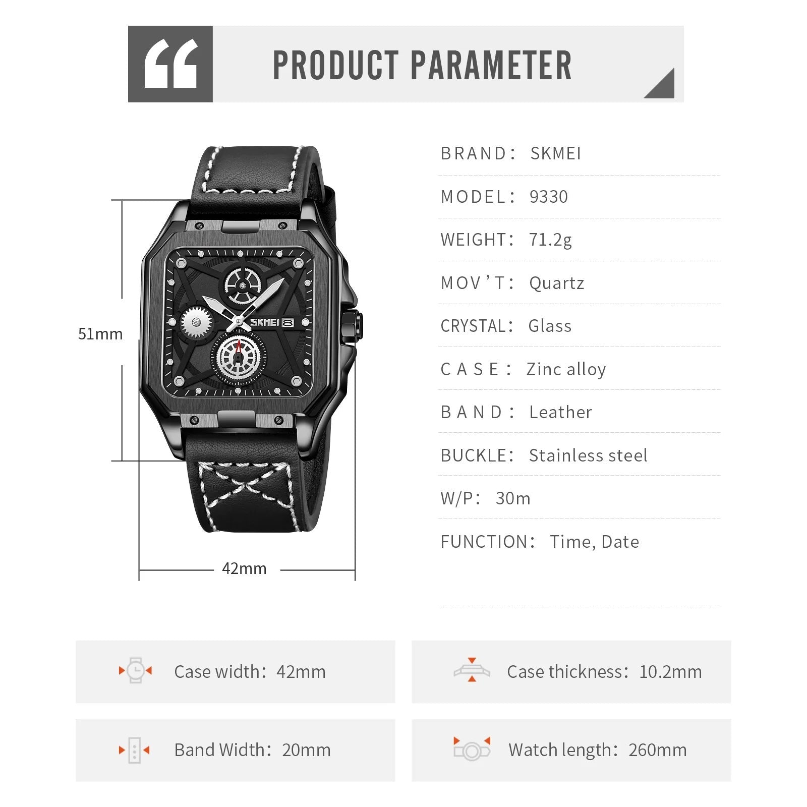 SKMEI - 9330 - Premium Down Second Square Dial Watch - black/black image 5