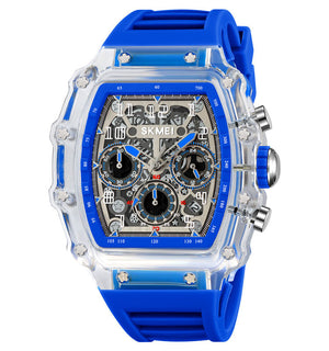 SKMEI 2305 Tonneau Skeleton Dial Chronograph Watch - white/transparent/blue image 1