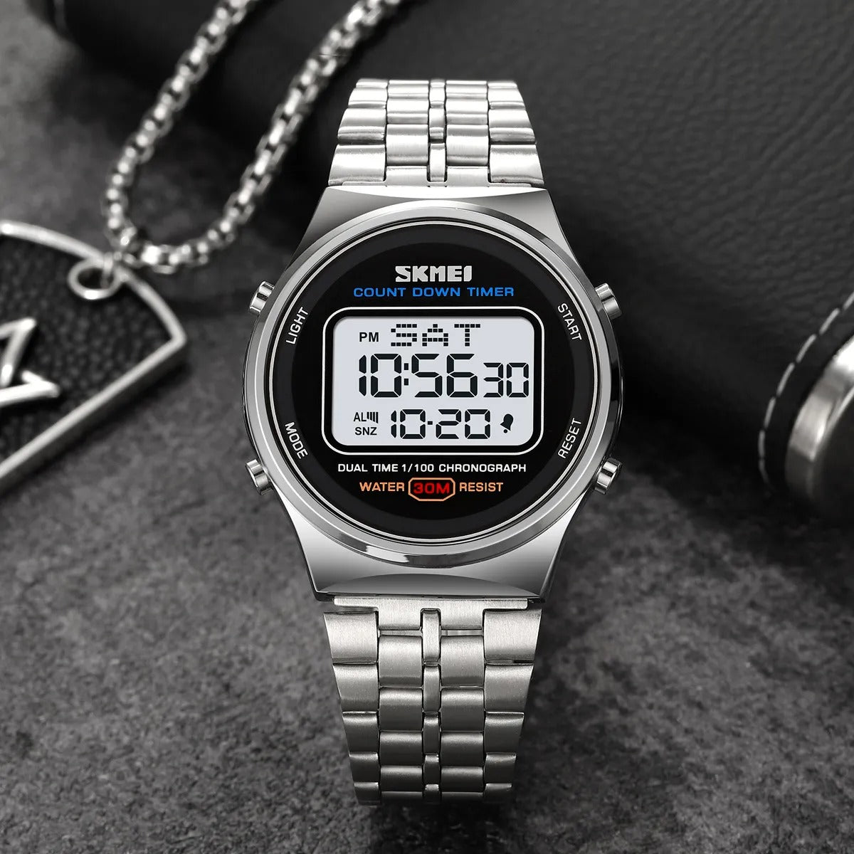 SKMEI 1882 Classic Round Digital Watch - silver/white image 2