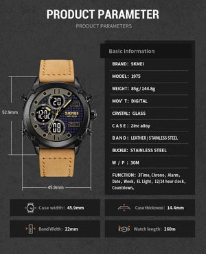 Skmei - 1975(strap)- Luminous 30m Waterproof Mutifunctional - Black/LightBrown-White image 2