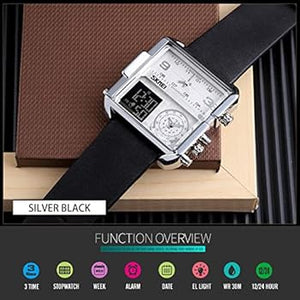 Skmei - 1584(strap) - Sports Quartz Waterproof Tiple time - Silver/Black-Leather image 2